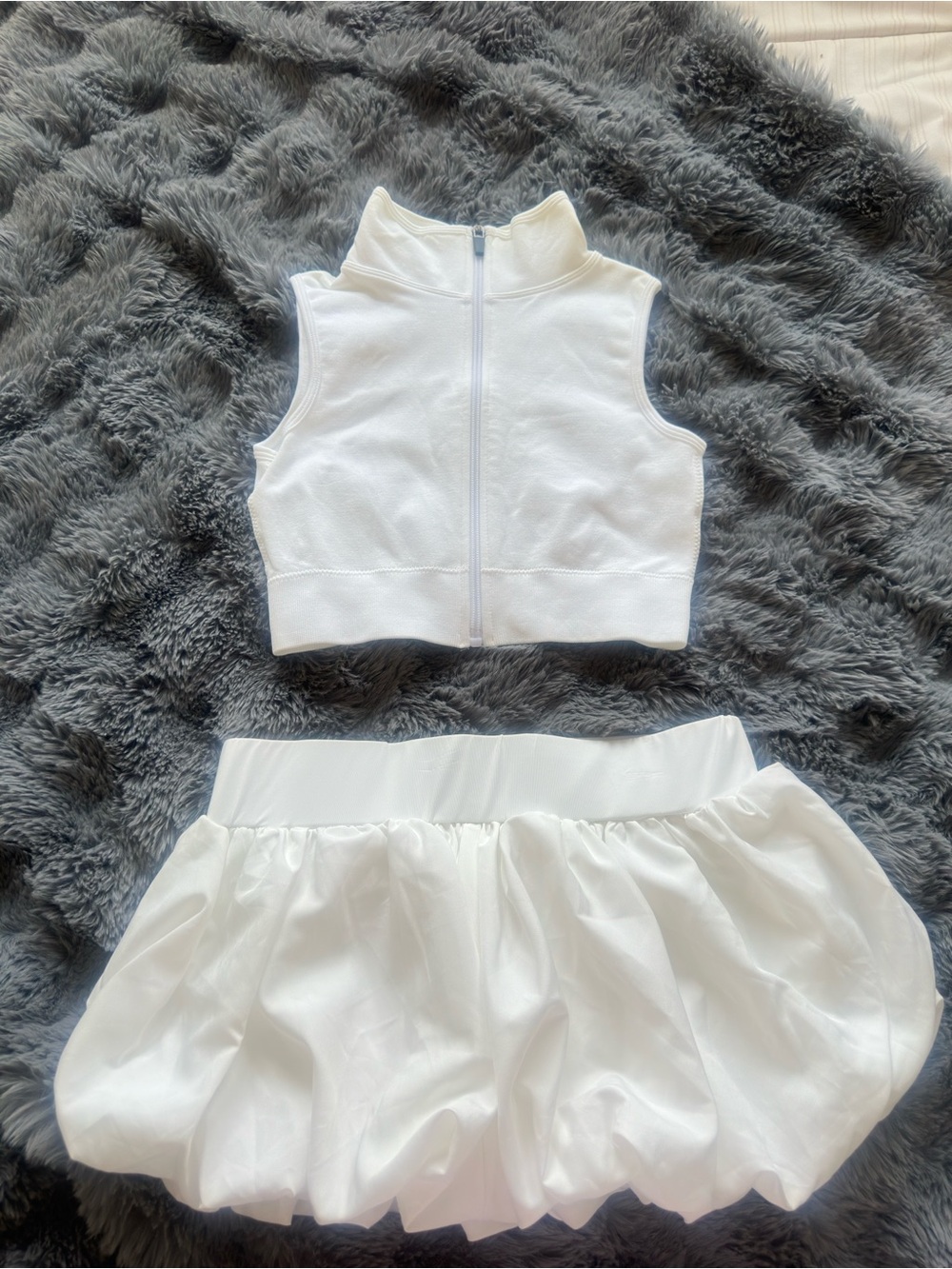 White Cropped Zip Tank and Puffy Mini Skirt Set